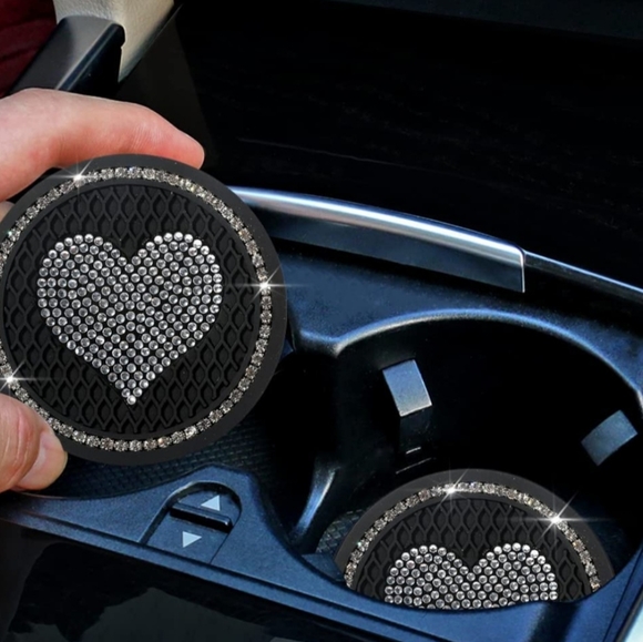 2 2.75 inch Silicone Bling Crystal Rhinestone Heart Car Coasters - Picture 1 of 2